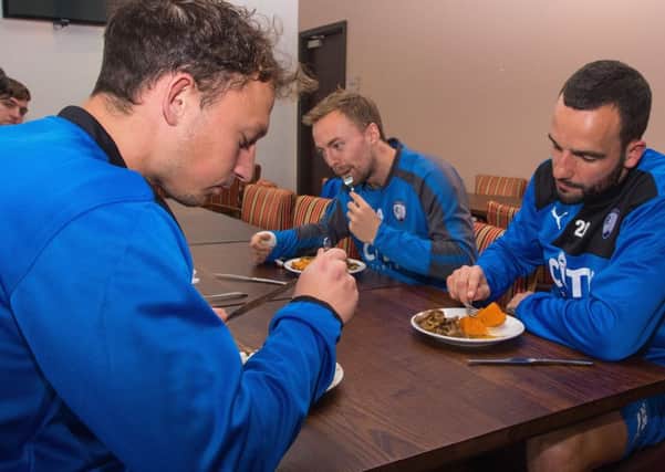 L-R: Kristian Dennis, Andy Kellett and Robbie Weir tuck into lunch at the Proact (Pic: Tina Jenner)