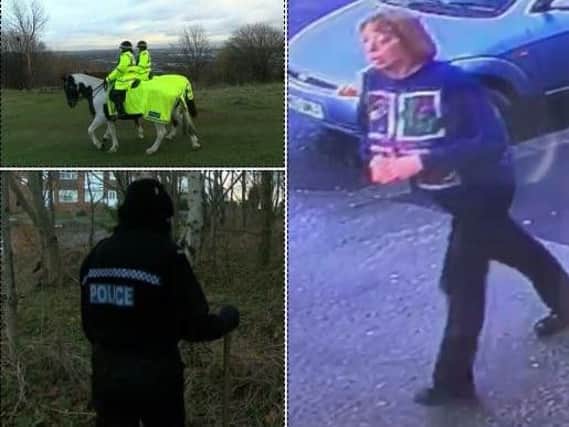 Officers on Wincobank Common and the latest CCTV image of Angela Simmonite in Wincobank. Search pictures:  BBC Look North