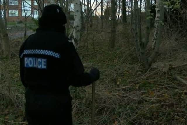Officer searches woodland around Wincobank Common. Picture:  Picture: BBC Look North