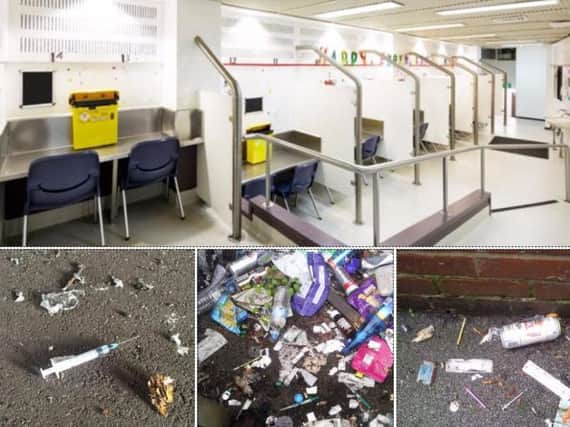 A drug consumption room in Sydney and discarded needles in Sheffield. Drug room picture: Uniting MSIC