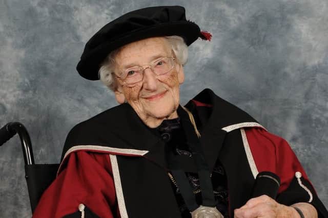 Dorothy Fleming with her honorary doctorate from Sheffield Hallam University