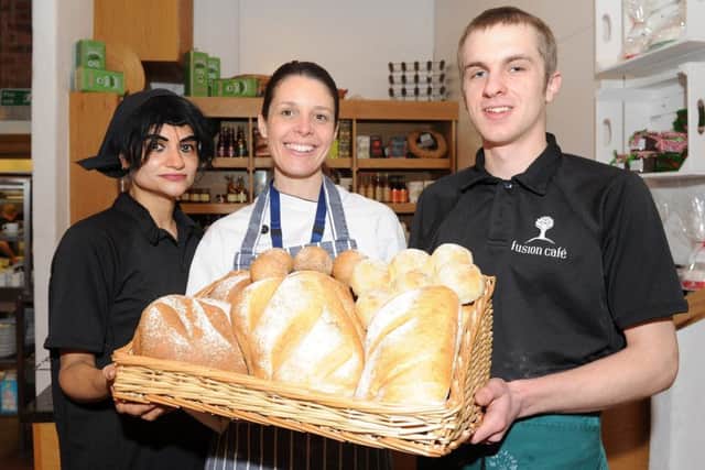(l-r) Rekha Patel, Clare Turner, and Jacob Pond, of Fusion Cafe, with a selection of homemade bread.