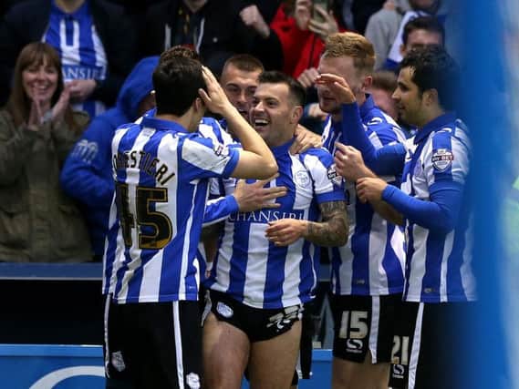 Ross Wallace and Sheffield Wednesday team mates after his goal against Brighton