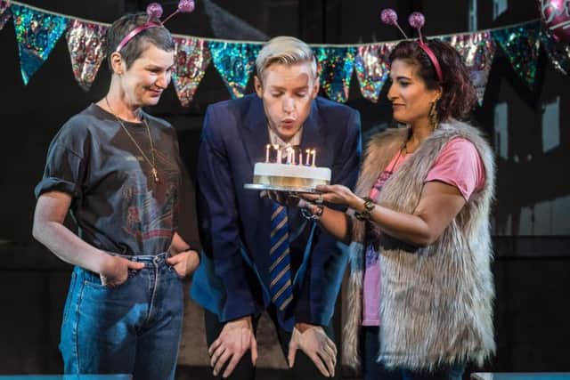 Josie Walker (Margaret New), John McCrea (Jamie New) and Mina Anwar (Ray) in Everybody's Talking About Jamie Apollo Theatre. Photo by Johan Persson
