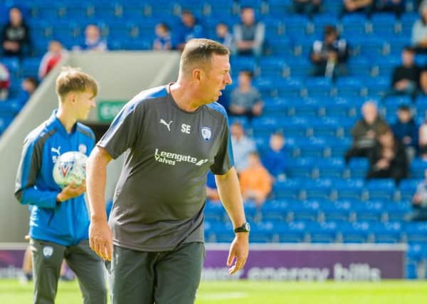 Chesterfield's first team coach Steve Eyre warming the team up before the game.

Picture by Stephen Buckley/AHPIX.com. Football, League 2, Chesterfield v Grimsby Town; 05/08/2017 KO 3.00pm 
Proact; copyright picture; Howard Roe; 07973 739229