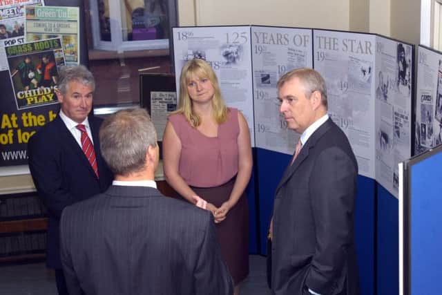 HRH Prince Andrew, the Duke of York visits the Sheffield Star newspaper offices on York Street. Speaking with John Bill, Jeremy Clifford and Nancy Fielder