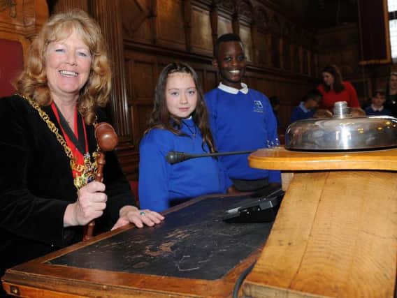 Freya Lincoln and Dylan Gassa, of Concord Junior School visit the Lord Mayor, Coun Anne Murphy, at Sheffield Town Hall