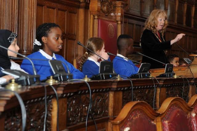 Pupils in the council chamber