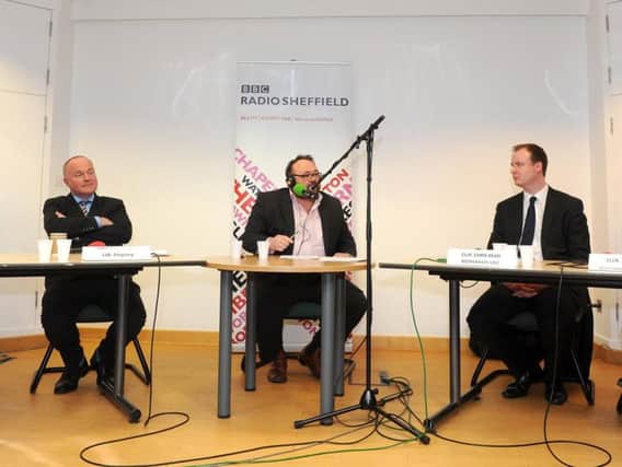 Left to right: Backing a 'One Yorkshire' deal - Coun Richard Foster, leader of Craven & Distrct Council in North Yorkshire, Keighley MP John Grogan, BBC Radio Sheffield host Toby Foster - backing a South Yorkshire devolution plan is Coun Chris Read, leader of Rotherham Council and Coun Julie Dore, leader of Sheffield Council. Picture: Andrew Roe/The Star