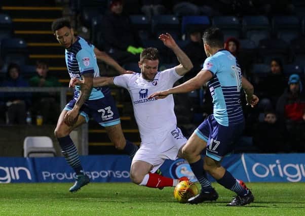 Picture by Gareth Williams/AHPIX.com; Football; Sky Bet League Two; Wycombe Wanderers v Chesterfield FC; 16/12/2017 KO 15.00; Adams Park; copyright picture; Howard Roe/AHPIX.com; Scott Wiseman goes down in the box after tangling with Wycombe's Nathan Tyson