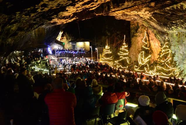 20 Dec 2015.....More than 600 people attended the final (of 6 ) Christmas Carol Concert inside the Peak Cavern in Castleton in the Peak District. Music was supplied by the Ireland Colliery Chesterfield Brass Band. Picture Scott Merrylees
