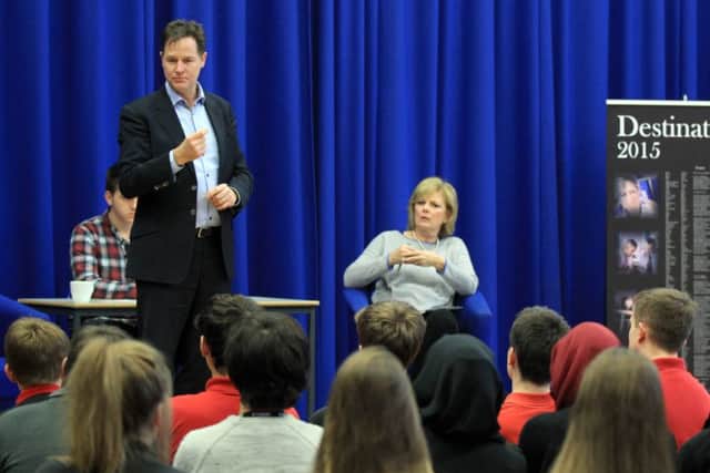 Nick Clegg MP and Anna Soudbry MP joined students at King Ecgbert School in Dore for an afternoon debate. Picture: Chris Etchells