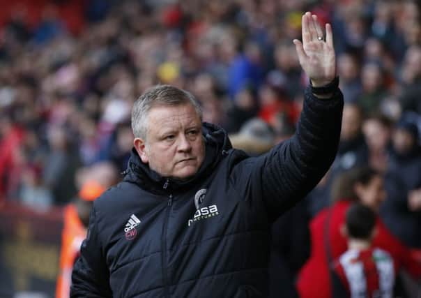 Chris Wilder gives Blaes fans a wave at Bramall Lane on Saturday. Pic: Simon Bellis/Sportimage