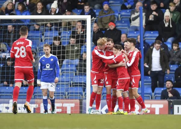 Crewe Alexandra players celebrate with Chris Porter after his 7th minute opening goal: Picture by Steve Flynn/AHPIX.com, Football: Skybet League Two  match Chesterfield -V- Crewe Alexandra at The Proact Stadium, Chesterfield, Derbyshire, England on copyright picture Howard Roe 07973 739229