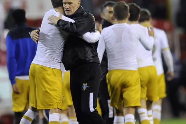 Lee Bullen congratulates Sheffield Wednesday players after their 3-0 win over Nottingham Forest