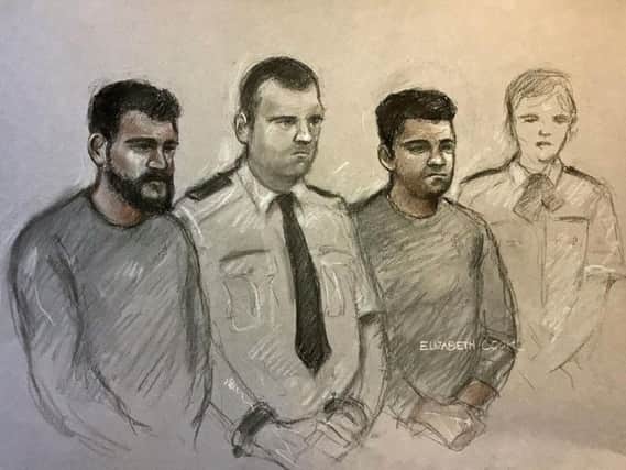 Court artist sketch by Elizabeth Cook of Farhad Salah (left) and Andy Star (second right) at Westminster Magistrates' Court in London where they appeared accused of preparing a home-made bomb for a terrorist attack in the UK. Fish and chip shop owner Star, 31, and Salah, 22, were arrested when counter-terrorism police officers raided their homes in South Yorkshire and Derbyshire on December 19, just days before Christmas.
