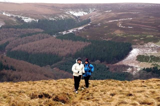 Dark Peak Fell Runners Bradfield Boundary Run 2017: Emma Howard and Ellen Holmes running up to Derwent Edge