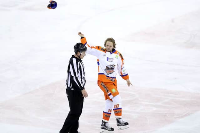 Sheffield Steelers Andreas Jamtin is given a game penalty after his challenge on Belfast Giants David Rutherford