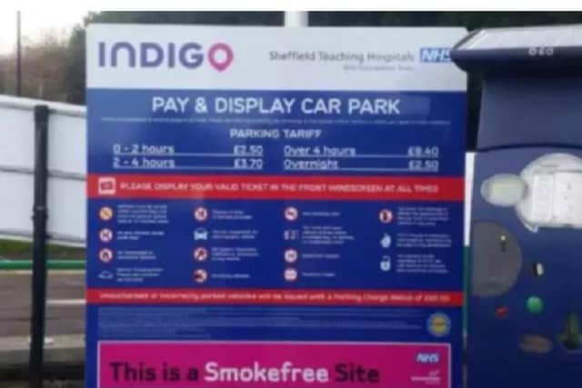 Parking charges sign at Weston Park Hospital in Sheffield.