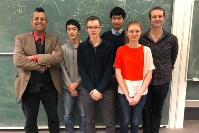 Yuji Okitani with fellow UK finalists Dougie Dolleymore, Timothy Kang and Connie Bambridge-Sutton, plus Simon Singh (far left) and Matt Parker (far right)