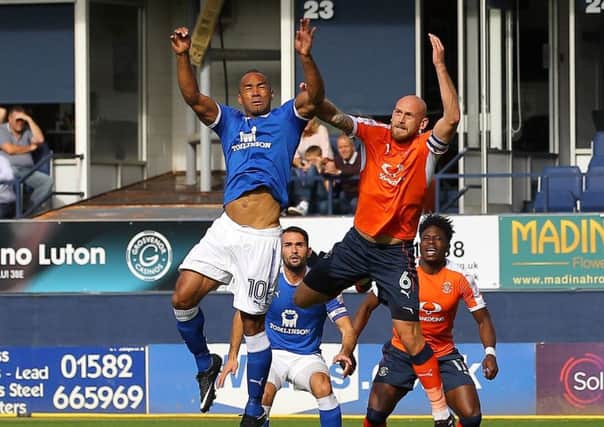 Picture by Gareth Williams/AHPIX.com; Football; Sky Bet League Two; Luton Town v Chesterfield; 23/09/2017 KO 15.00; Kenilworth Road; copyright picture; Howard Roe/AHPIX.com; Chris O'Grady leaps with Scott Cuthbert