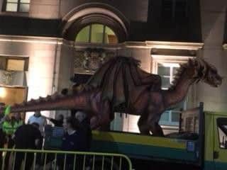 The dragon was hauled on to a flatbed truck and taken to the Manor Operatic Society's rehearsal studio.