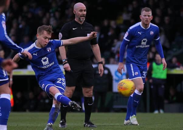 Picture by Gareth Williams/AHPIX.com; Football; Sky Bet League Two; Yeovil Town v Chesterfield FC; 20/01/2018 KO 15.00; Huish Park; copyright picture; Howard Roe/AHPIX.com; Chesterfield's Louis Reed fires them in front at Yeovil with a free-kick
