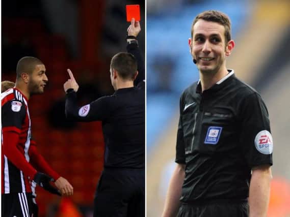 Referee David Coote will be remembered by Blades fans for sending off John Fleck (obscured).
