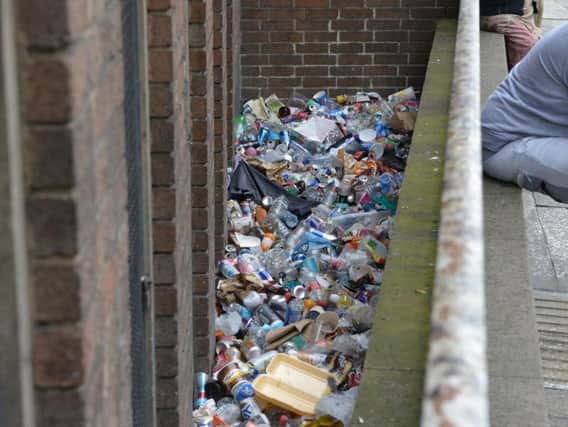 Plastic waste in Sheffield city centre.