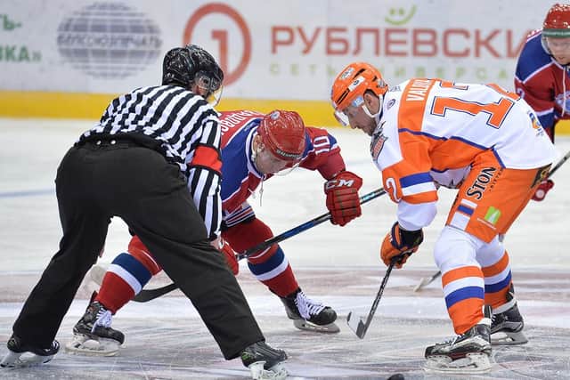 Andre Valdix faces off against Minsk. Pic: Dean Woolley