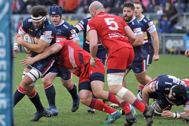 Morgan Eames of Doncaster Knights charges towards the Bristol line in the B & I Cup.