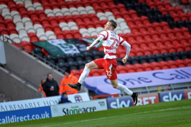 Doncaster's Alfie Beestin, celebrates after scoring against Plymouth. Picture: Marie Caley