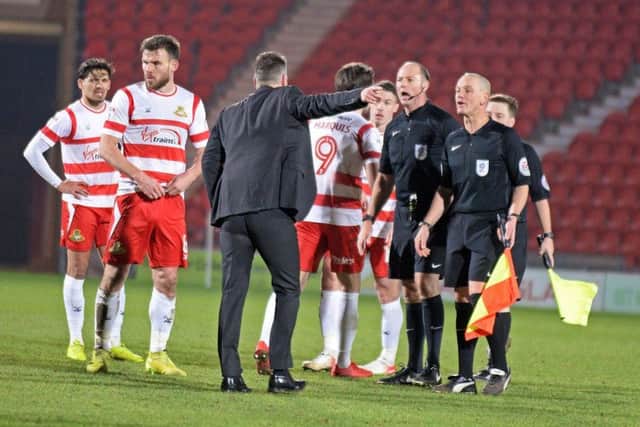 Darren Ferguson, Rovers manager, pictured confronting the officials after the game. Picture: Marie Caley