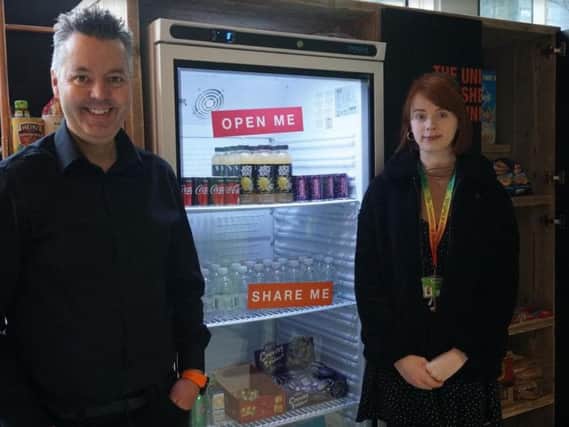 Gavin Brown from the University of Sheffield and Megan McGrath from the UoS Students' Union at the launch of the 'Community Fridge'