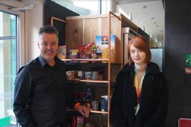 Gavin Brown from the University of Sheffield and Megan McGrath from the UoS Students' Union at the launch of the 'Community Fridge'