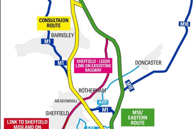 A map of the new and old HS2 routes in South Yorkshire.