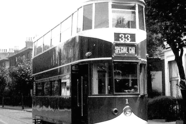 The Bluebird tram currently being restored at Crich in its working days in the 1930s