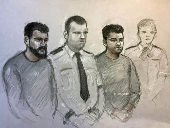 Farhad Salah (left) and Andy Starr (second right) pictured during an earlier court appearance (court sketch by Elizabeth Cook for PA Wire)