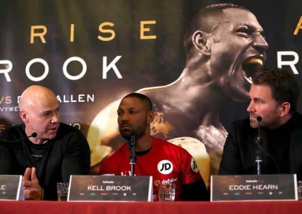 Dominic Ingle (left), Kell Brook (centre) and Eddie Hearn (right) during the press conference at Sheffield Town Hall.