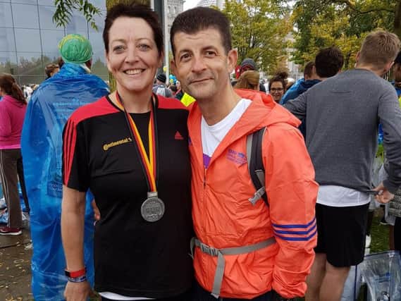 Mel Morison and her husband Darren after she completed the 2017 Berlin marathon.