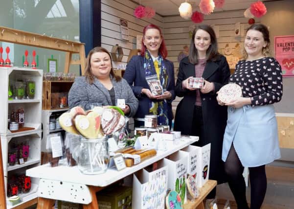 Valentine's pop up shop in the Winter Gardens. Jayne Harrison from Maxwell harrison Jewellers, Angie Young from Craft Tea Company, Sorrel Botham from Dandelion Cocoa and Ellie Mason from Fizzy Pigg