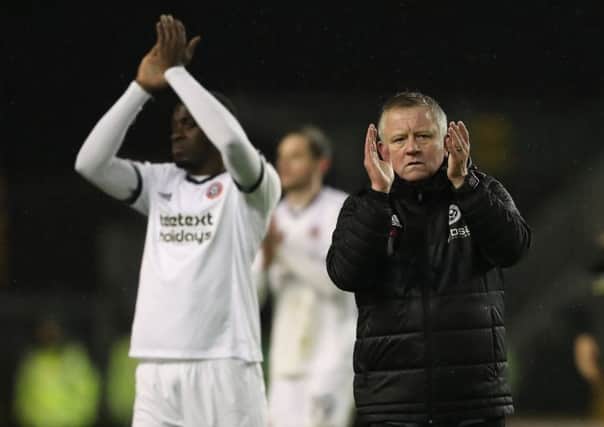 Chris Wilder manager of Sheffield Utd applauds the fans during the Championship match at the Molineux Stadium, Wolverhampton. Simon Bellis/Sportimage