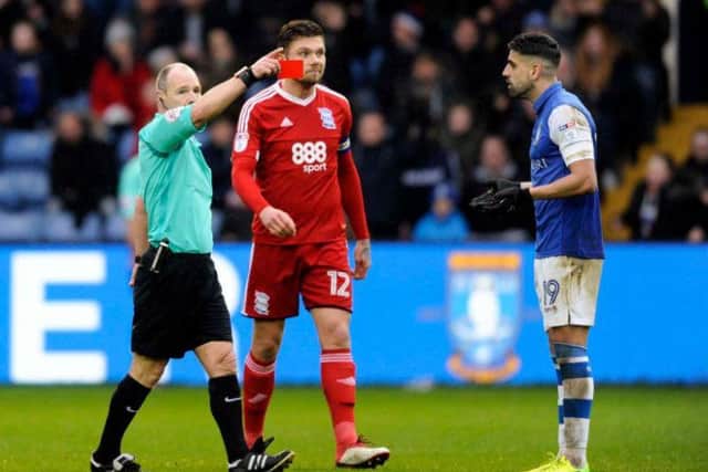 Marco Matias is shown the red card during Sheffield Wednesday's 3-1 defeat to Birmingham City