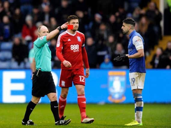 Marco Matias is shown the red card during Sheffield Wednesday's 3-1 defeat to Birmingham City