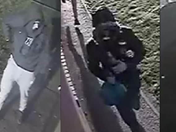 Police believe the two men pictured may hold vital information. Images one and three are of the same man.