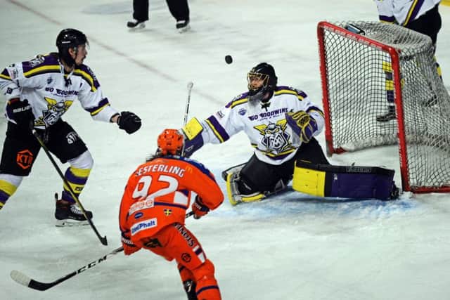 Sheffield's Jonas Westerling, pictured scoring against Manchester Storm. Picture: Marie Caley