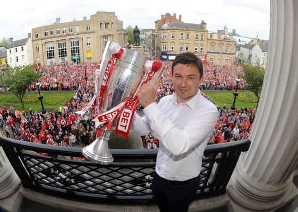 Barnsley FC homecoming parade, at Barnsley Town Hall..Barnsley caretaker manager Paul Heckingbottom with the cup...30th May 2016 ..Picture by Simon Hulme