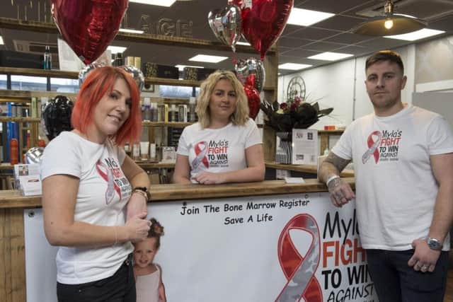 Salon owner Natalie Reaney has transformed her business at Drakehouse to encourage other to sign up to the bone marrow register in aid to help little Myla Mae Hatcher. Pictured with dad Jon.