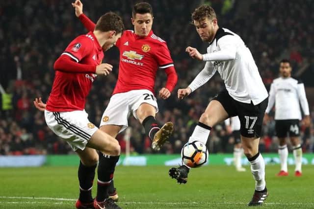 Sam Winnall playing for Derby County against Manchester United in the FA Cup this season