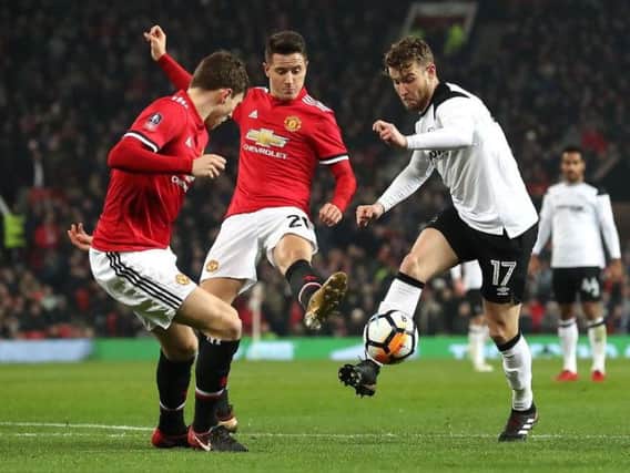 Sam Winnall playing for Derby County against Manchester United in the FA Cup this season